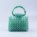 Handmade woven green acrylic beaded handbag with white pearls and resin ring handle - Green