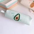 Detail of mint green grid pencil case featuring avocado embroidery and metal zipper - Avocado (Mint Green)