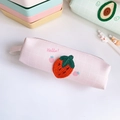 Detail of pink plaid pencil case with embroidered strawberry and side handle for storage - Strawberry (Pink)