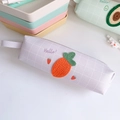 Detail of lavender plaid pencil case featuring carrot embroidery and side handle strap - Carrot (Light Purple)