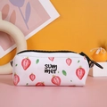Detail view of strawberry print pencil case with thick zipper and Summer text logo - Strawberry