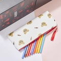 Detail of a white canvas pencil case with cute brown bear prints and red zipper detail - Bear Pencil Print/Red Zipper / White (All-over Bear Print)