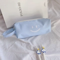 Detail of light blue canvas pencil case with smile pattern and cartoon cloud pens - Blue Pencil Case
