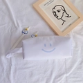 Close-up of minimalist white canvas pencil case featuring a blue smiley face and side handle - White Pencil Case