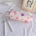Detail of a large pink fabric pencil case with bear patterns and a side handle strap - Cream Rabbit Pencil Case
