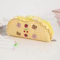 Detail of yellow checkered pencil case with cute bear embroidery and ruffle trim detail - Yellow