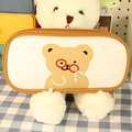 Trousse scolaire grande capacité en PU avec motif d'ours mignon, crème et jaune - Ours Café