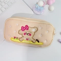 Cream puppy embroidery plush pencil case with cute ribbon detail and zipper - Beige Bow Dog Pencil Case