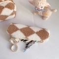 Detail of checkered plush pencil case showing spacious interior and smooth zipper closure - Khaki and Beige Checkerboard