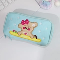 Cute light blue plush pencil case with bear embroidery and double zipper closure - Light Blue Bow Dog Pencil Case