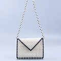 Handmade pearl beaded envelope bag with white body and black contrast strap for women - Black+White