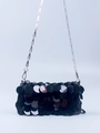 Fashionable black sequin crossbody evening bag with silver chain strap and shiny scales - Black
