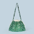 Handmade green beaded woven dumpling handbag with white satin drawstring lining - Green