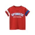 Red cotton short sleeve T-shirt for boys with optimistic print and striped sleeves - 90cm / Rust Red (9792)