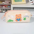 Trousse en toile beige avec ours orange et grand curseur de fermeture éclair en plastique - Poche zippée