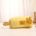 Detail van geel fleece etui met Lemon Cloud label en een pluche konijnenhoofdje - Melkgeel