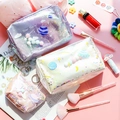 Three-piece laser PU makeup bag set with glittery purple pink planets and UFO patterns - Makeup Bag / Planet Cosmetic Bag Purple