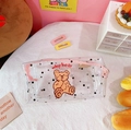 Cute transparent PVC makeup bag with pink zipper and brown bear print plus black polka dots - Polka Dot Bear Clear Storage Bag