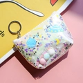 Star Travel clear space theme makeup bag with colorful pom poms and silver keychain - Planet Coin Purse White