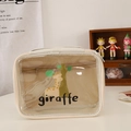 Macro detail of transparent giraffe cosmetic bag with top handle and zipper closure - Beige (Giraffe Pattern)