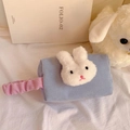 Pochette in velluto a coste azzurro con decorazione a coniglio di peluche bianco - Manico Viola Coniglio Grande