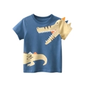 Blue kids short sleeve cotton T-shirt featuring cartoon crocodile and 3D fin details - 90cm / Military Blue