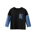 Kids long sleeve faux two-piece t-shirt in black and blue with graphic print - 90 / Black