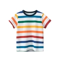 Classic colorful horizontal striped short sleeve cotton T-shirt for boys with blue crew neck - 90cm / Multi-color Striped