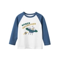 Kids long sleeve raglan T-shirt with Space Adventure cartoon print in white and blue - Off-White/Army Blue / 100cm