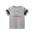 Light gray cotton kids T-shirt with Optimistic print and athletic sleeve stripes - 90cm / Heather Grey (9792)