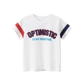 White cotton kids T-shirt with Optimistic letter print and asymmetric striped sleeves - 90cm / Off-white (9792)