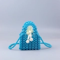 Mini blue beaded pearl handbag with white satin drawstring liner and long cross-body strap - Blue