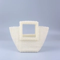 Elegant white faux pearl beaded handbag with square handles and trapezoid shape - Milky White (Large Size)