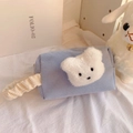 Borsa organizer in velluto a coste azzurro con orsetto di peluche e cinturino - Manico Bianco Orso