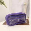 Detail of purple double-layer pencil case with transparent PVC window and inner pockets - Taro Purple