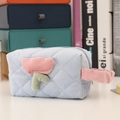 Dettaglio della trousse in velluto a coste blu con ricamo di tulipani e cinturino - Blu