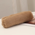 Detail of plush brown cylindrical pencil case showing soft faux fur texture and metal zipper - Coffee