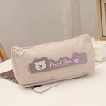 Astuccio in velluto a coste beige con toppa orsetto viola e cerniera con anello metallico - Beige
