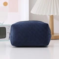 Detail of navy blue checkered woven pencil case with silver zipper in a lifestyle setting - Navy Blue