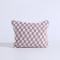 Detail of purple checkered knit makeup bag featuring a silver metal zipper closure - Yellow and Purple Grid