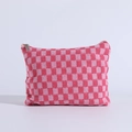 Pink checkered knit makeup bag with silver metal zipper and portable flat design - Pink & White Plaid