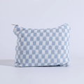 Detailed close-up of blue and white checkered knitted makeup bag with silver metal zipper - Blue & White Plaid