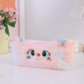Close-up of plush cat pencil case with pink ears and embroidered cat face details - Pink Multi