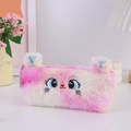 Detail of pink and white plush cat pencil case with soft faux fur and sequin ears - Rose Gold Rainbow
