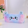 Close-up of cat plush pencil case with pink and blue gradient fur and metal chain - Purple Multi