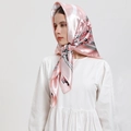Pink satin square silk scarf with geometric chain print worn as a chic headscarf - CC-Pink