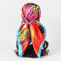 Floral satin square scarf with pink tropical prints and sky blue borders worn as headwrap - S209 Blue Border