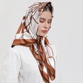 Elegant satin headscarf with brown and white geometric print worn by a model - S162 Khaki