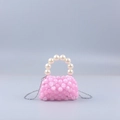 Mini bolso de cuentas rosas con asa de perlas blancas y correa de cadena plateada - Rosa