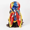 Floral satin headscarf with vibrant red and blue petals on a yellow bordered square shawl - S209 Yellow Label